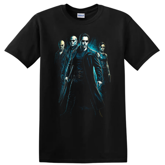 The Matrix inspired blue neon movie graphic T Shirt with four characters on a Black T Shirt