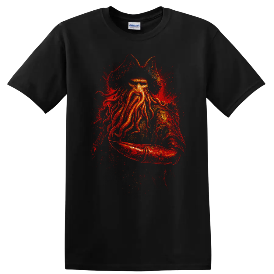 Pirate captain with octopus beard in fiery red dramatic graphic T Shirt design on a Black T Shirt