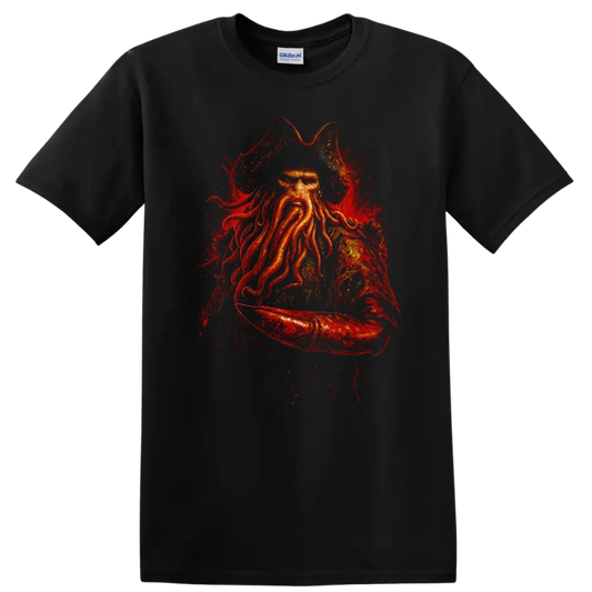 Pirate captain with octopus beard in fiery red dramatic graphic T Shirt design on a Black T Shirt