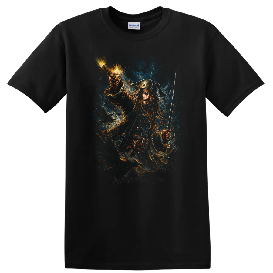 Pirate captain with raised sword in dramatic painted style, Pirates of the Caribbean T shirt on a Black T Shirt