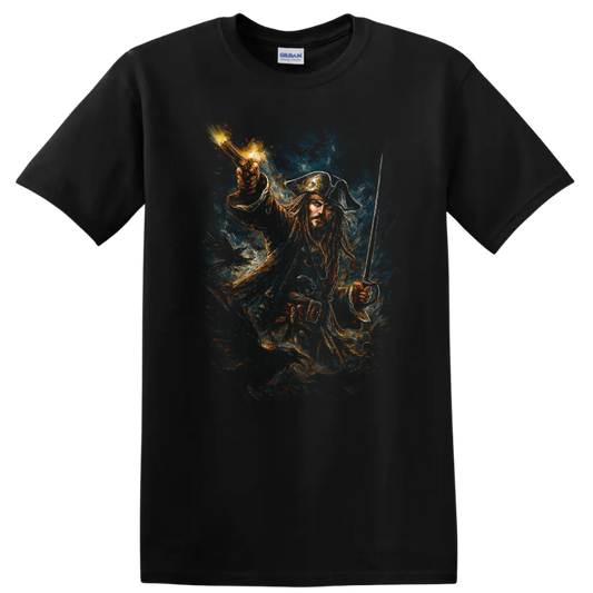 Pirate captain with raised sword in dramatic painted style, Pirates of the Caribbean T shirt on a Black T Shirt