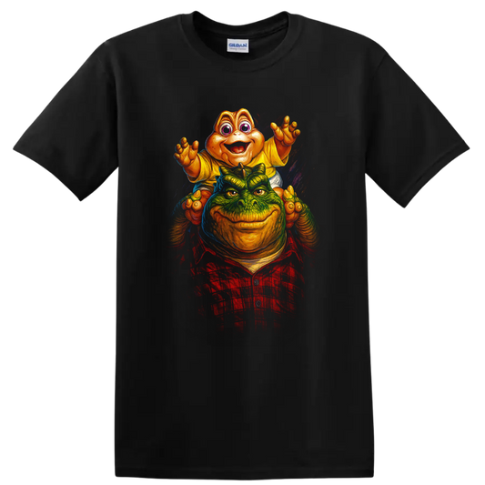 Colorful dinosaur movie monster artwork with two characters on a T shirt on a Black T Shirt