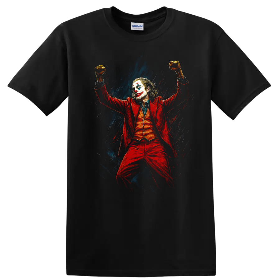 Joker-inspired clown villain in red suit with raised fists, painted dark comic style graphic T shirt on a Black T Shirt