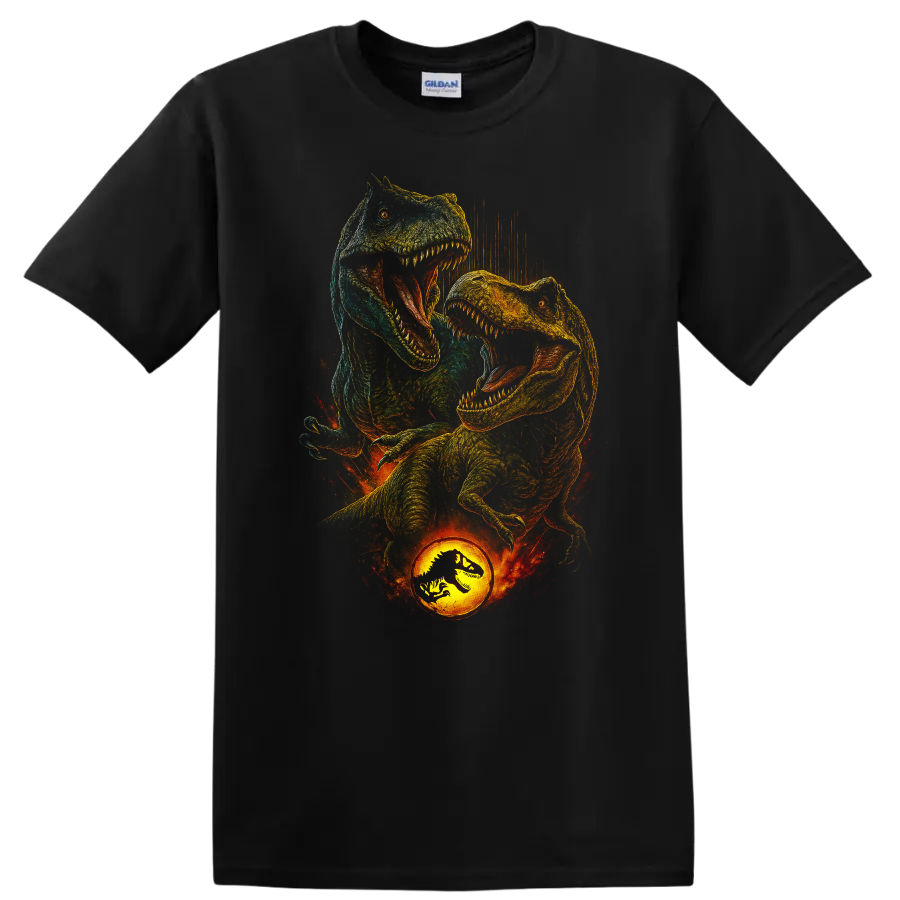 Roaring T Rex dinosaur graphic with fiery Jurassic World inspired style on T shirt on a Black T Shirt