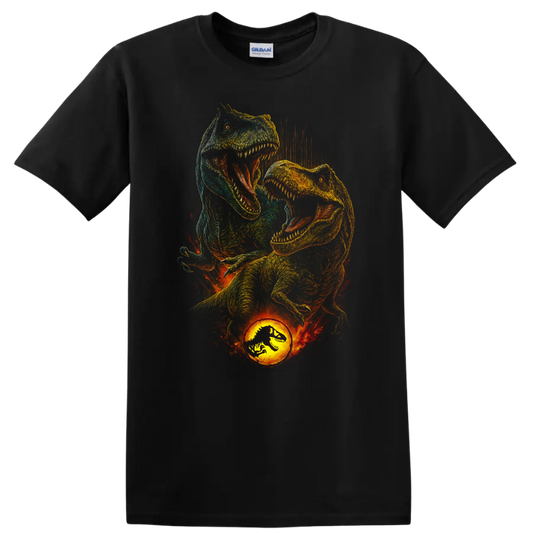 Roaring T Rex dinosaur graphic with fiery Jurassic World inspired style on T shirt on a Black T Shirt