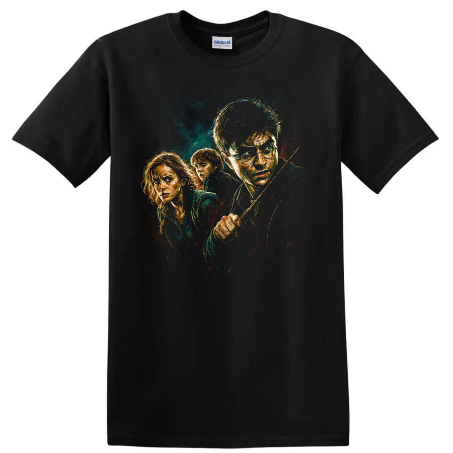 Harry Potter trio portrait movie-style graphic T shirt with dark fantasy painted artwork on a Black T Shirt