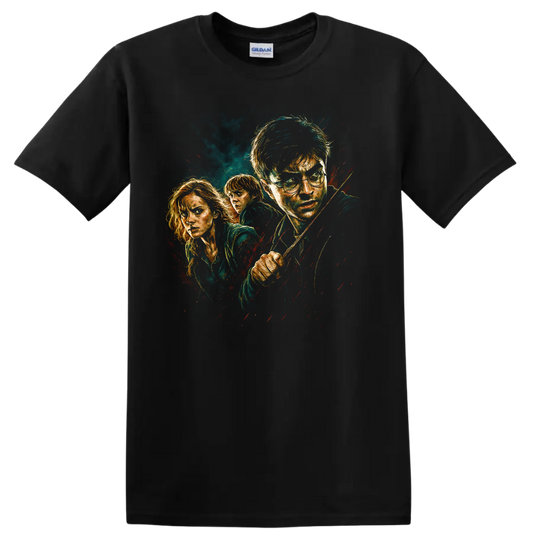 Harry Potter trio portrait movie-style graphic T shirt with dark fantasy painted artwork on a Black T Shirt