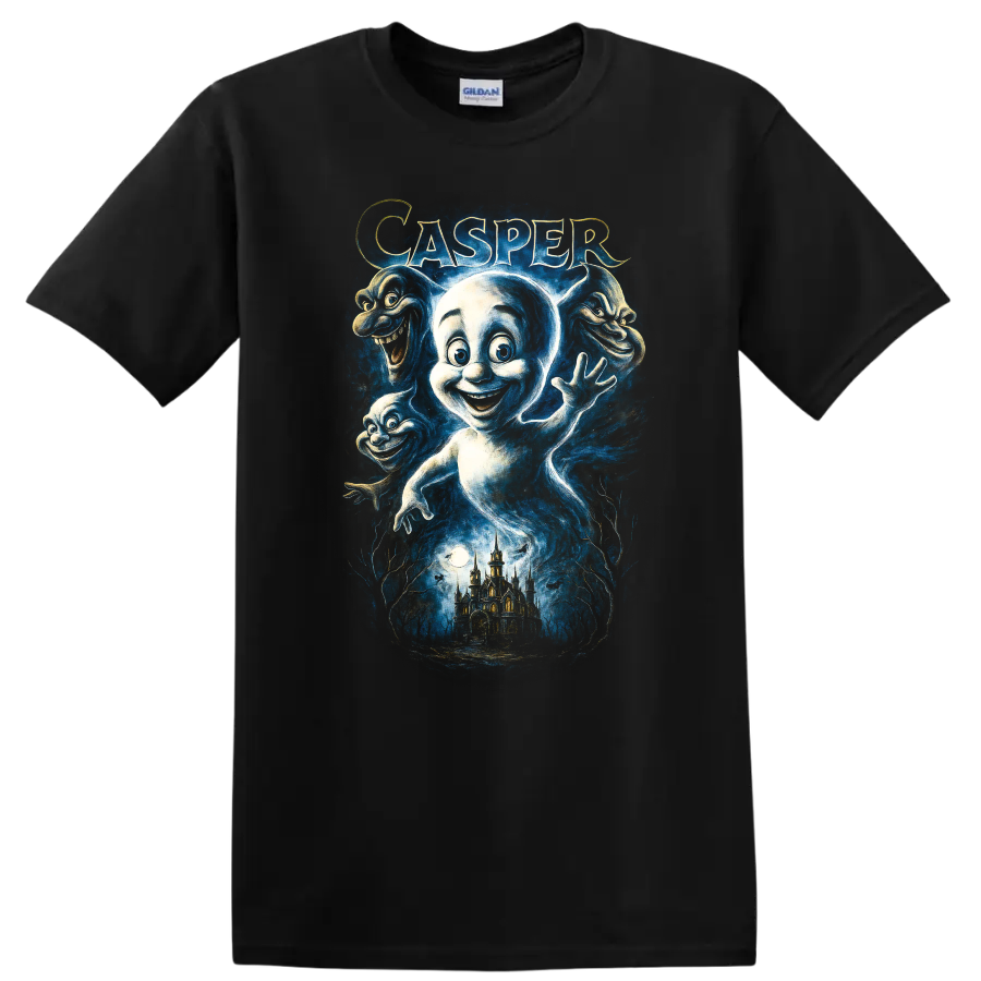 Casper ghost character graphic with spooky castle and haunted blue artwork T Shirt on a Black T Shirt