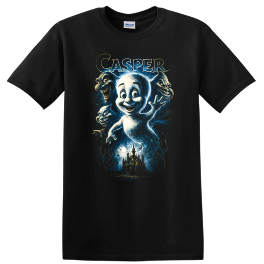 Casper ghost character graphic with spooky castle and haunted blue artwork T Shirt on a Black T Shirt