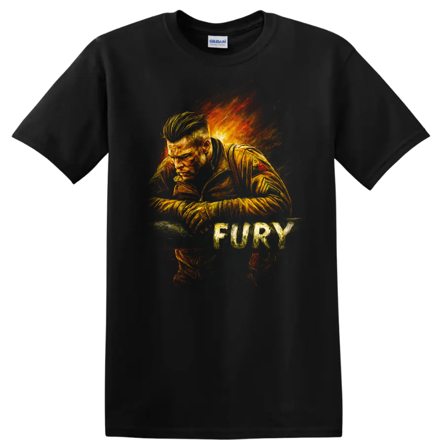 Fury-inspired fiery portrait graphic T Shirt with distressed cinematic style on a Black T Shirt