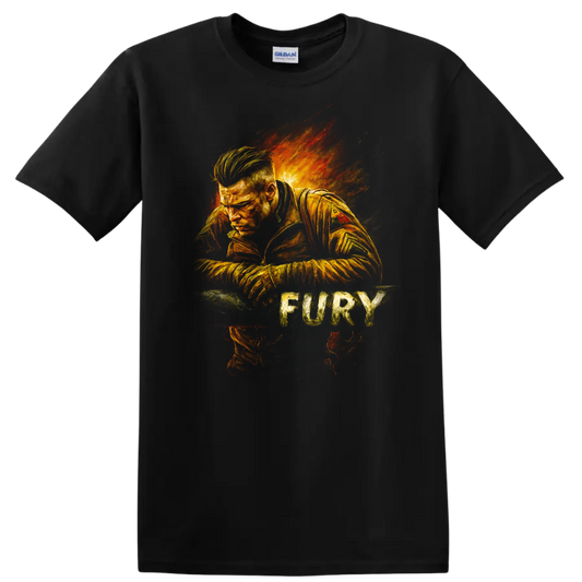 Fury-inspired fiery portrait graphic T Shirt with distressed cinematic style on a Black T Shirt