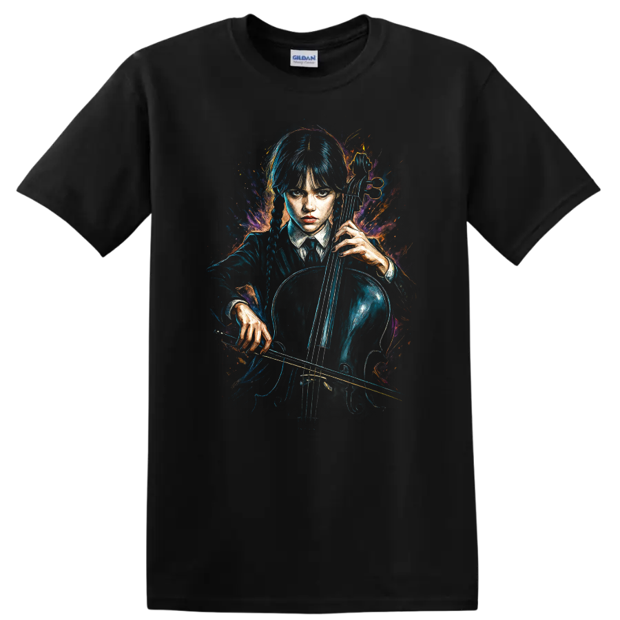 Wednesday Addams holding a cello in neon gothic painted style T - Black