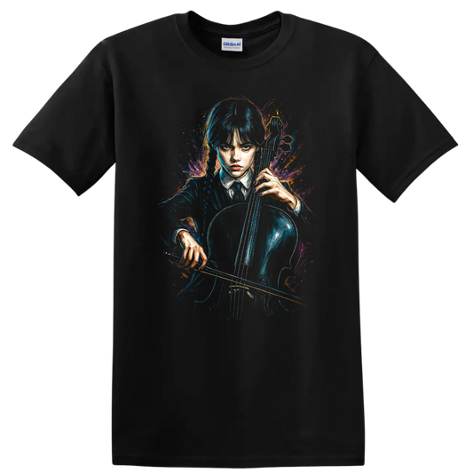 Wednesday Addams holding a cello in neon gothic painted style T Shirt on a Black T Shirt