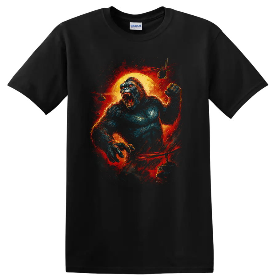Roaring King Kong-style gorilla graphic with fiery red orange background T shirt on a Black T Shirt