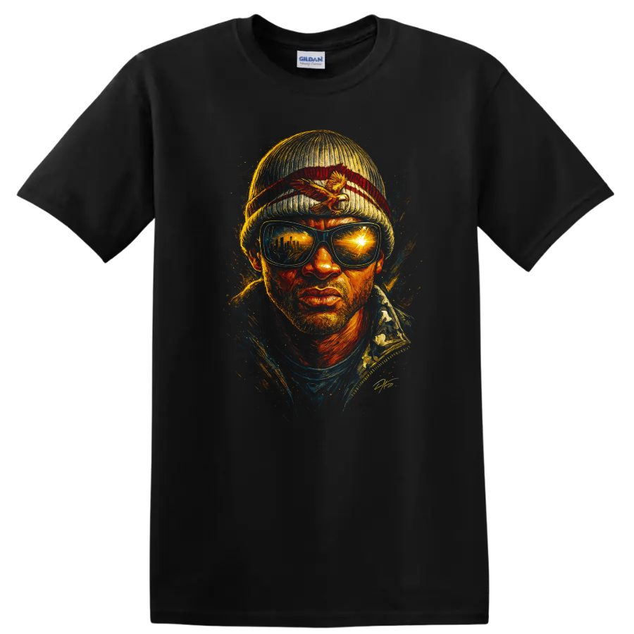 Hancock inspired painted portrait with sunglasses and beanie on black T shirt on a Black T Shirt