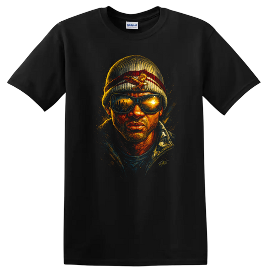 Hancock inspired painted portrait with sunglasses and beanie on black T shirt on a Black T Shirt