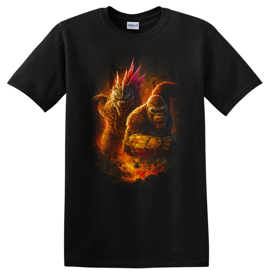 Godzilla x Kong: The New Empire monster battle graphic T Shirt with fiery creature artwork on a Black T Shirt