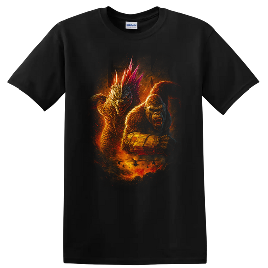 Godzilla x Kong: The New Empire monster battle graphic T Shirt with fiery creature artwork on a Black T Shirt