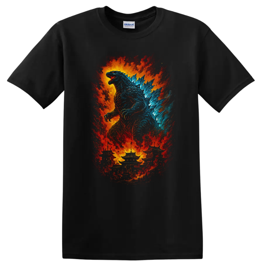 Godzilla vs. Destoroyah fiery kaiju artwork with Godzilla and explosion T Shirt on a Black T Shirt
