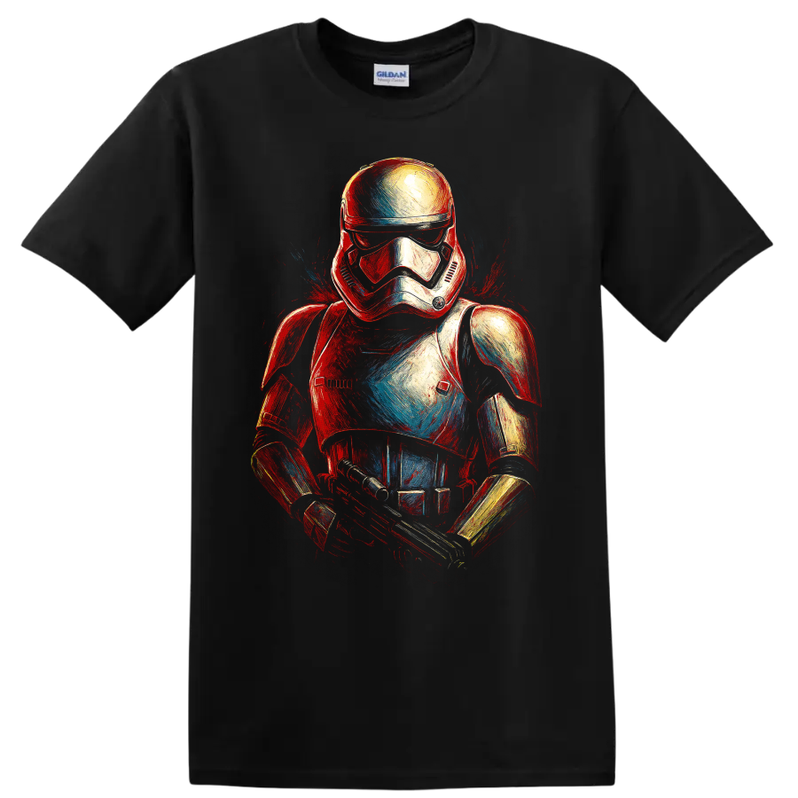 Painted Star Wars stormtrooper graphic in red, white, and blue on a black T shirt on a Black T Shirt