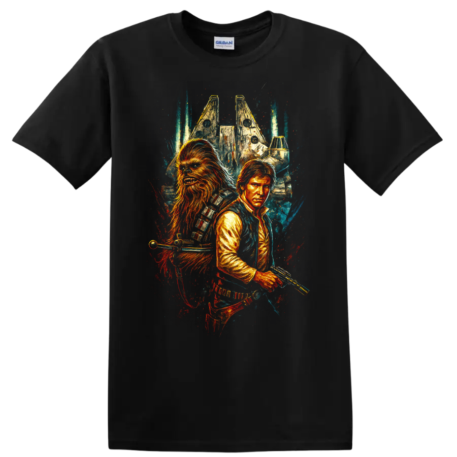 Illustrated space scoundrels duo with starship, cinematic graphic T-shirt - Black