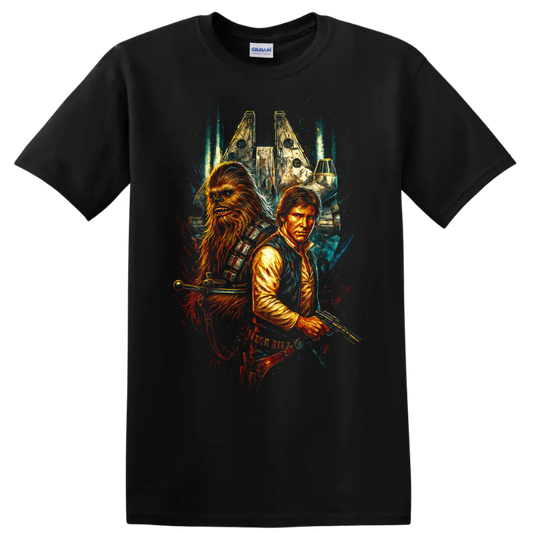 Illustrated space scoundrels duo with starship, cinematic graphic T-shirt design on a Black T Shirt
