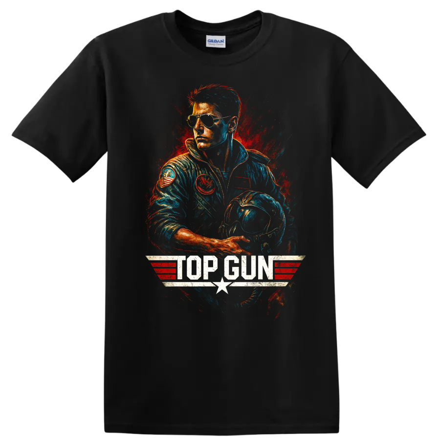 Top Gun fighter pilot in aviator sunglasses with helmet graphic T shirt on a Black T Shirt