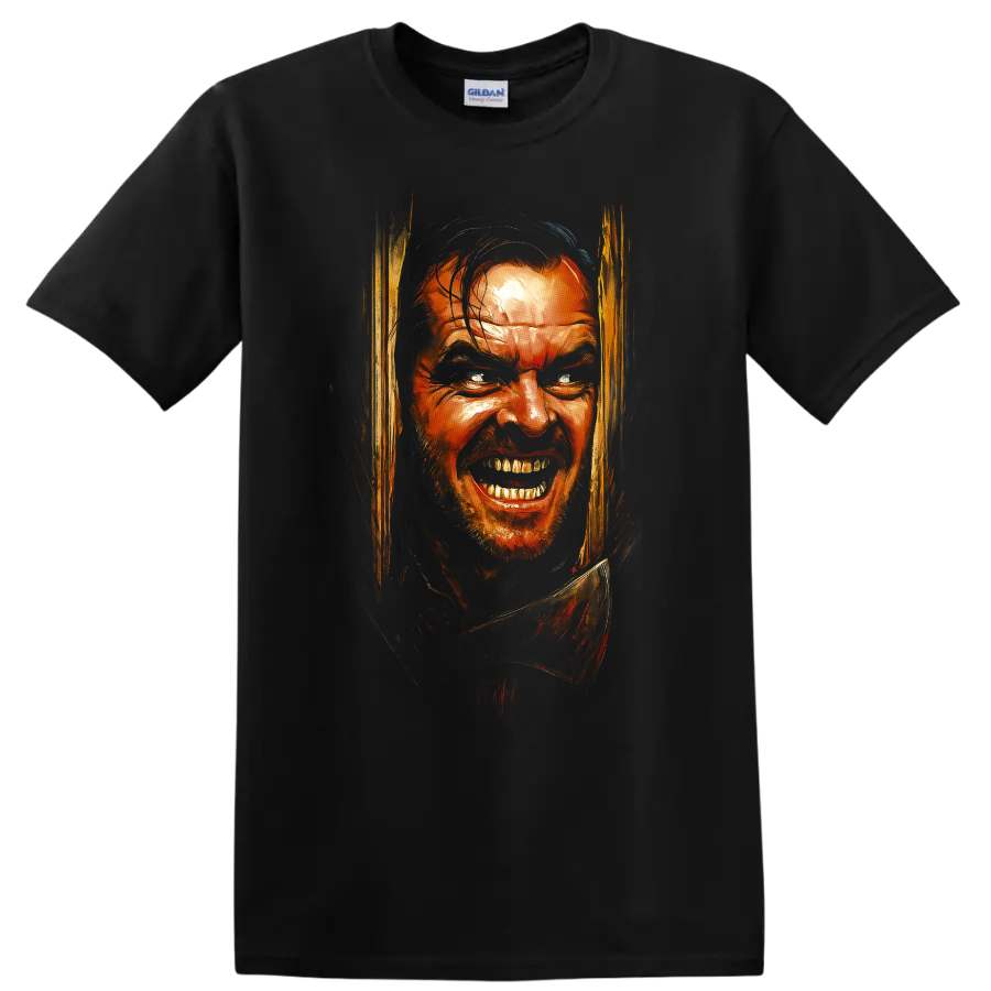 The Shining horror portrait with intense painted face artwork on a T shirt on a Black T Shirt