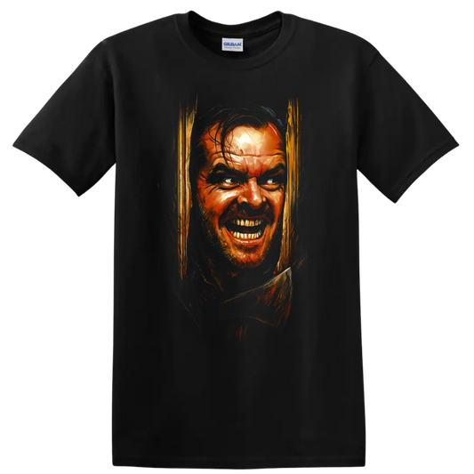 The Shining horror portrait with intense painted face artwork on a T shirt on a Black T Shirt
