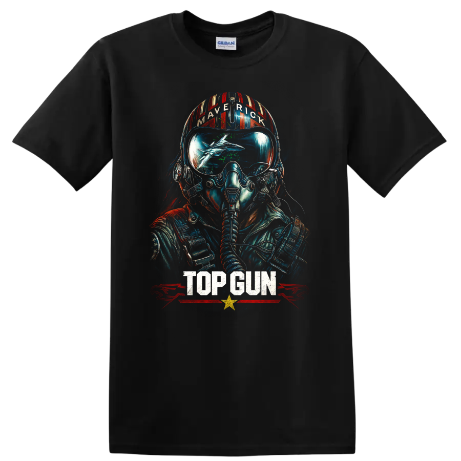 Top Gun Maverick fighter pilot helmet graphic T shirt with TOP GUN text on a Black T Shirt