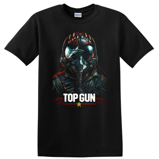 Top Gun Maverick fighter pilot helmet graphic T shirt with TOP GUN text on a Black T Shirt