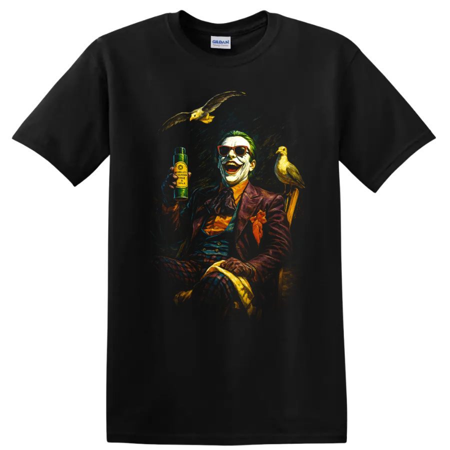 Joker inspired laughing clown artwork with birds on a black T-shirt on a Black T Shirt