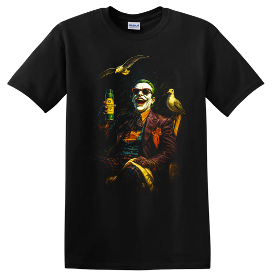 Joker inspired laughing clown artwork with birds on a black T-shirt on a Black T Shirt