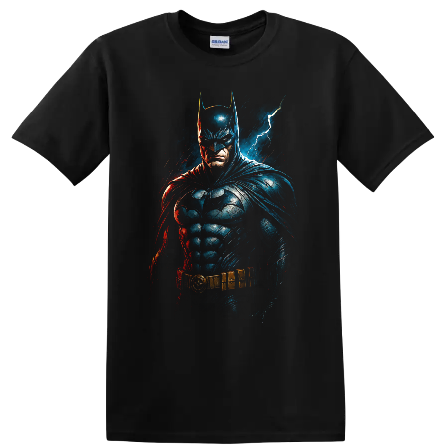 Batman comic art portrait with lightning and dramatic blue red shadows on T shirt on a Black T Shirt
