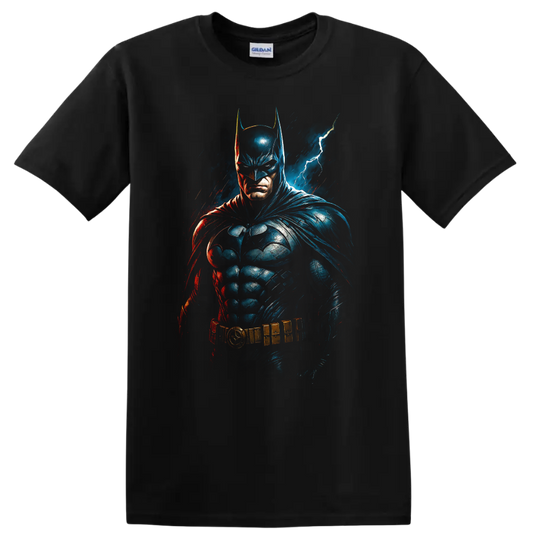 Batman comic art portrait with lightning and dramatic blue red shadows on T shirt on a Black T Shirt