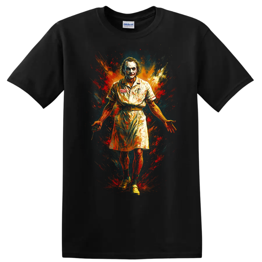 Joker-inspired graffiti portrait T Shirt with explosive red orange paint splashes on a Black T Shirt