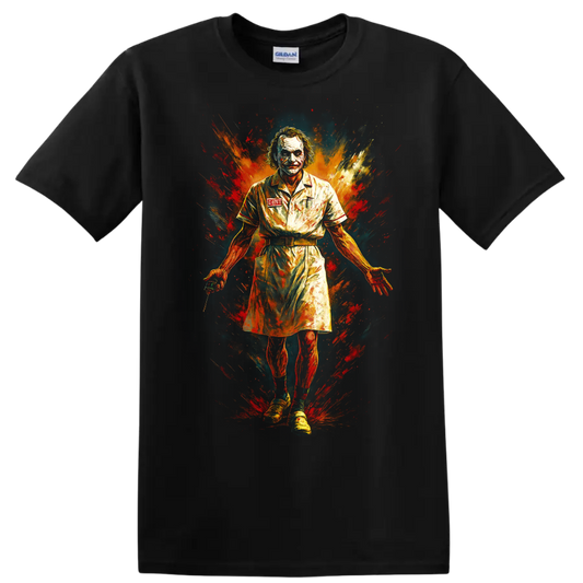 Joker-inspired graffiti portrait T Shirt with explosive red orange paint splashes on a Black T Shirt