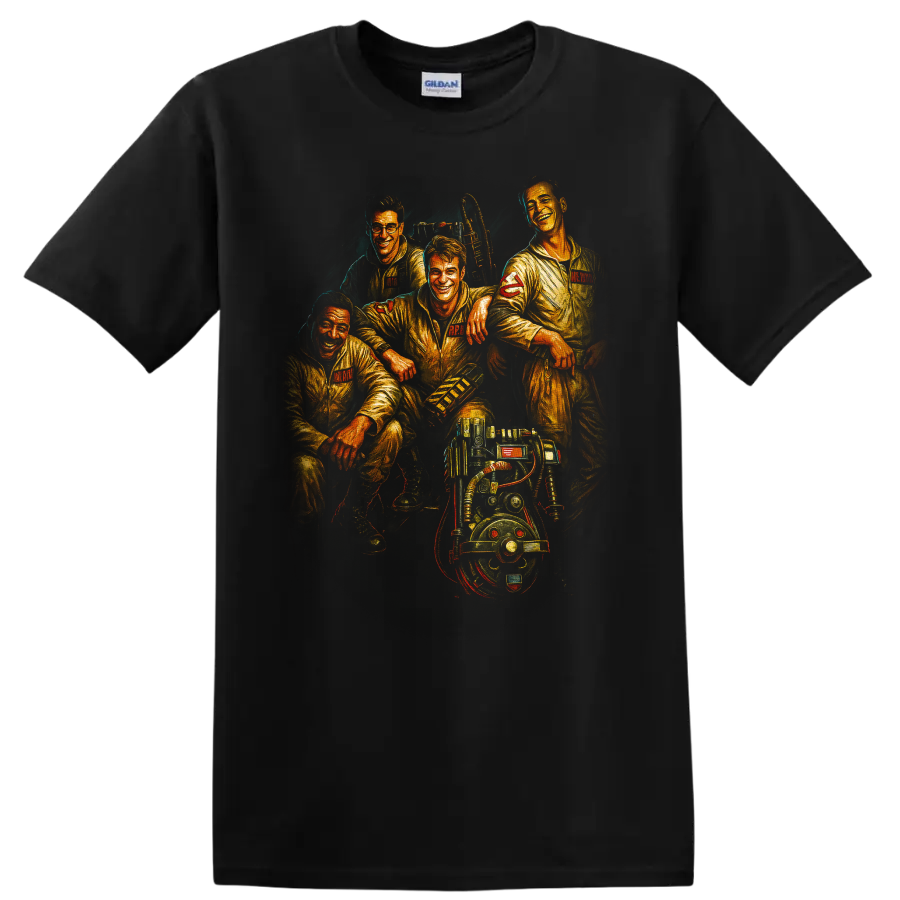 Ghostbusters team portrait with ghostbusting gear on a T shirt on a Black T Shirt