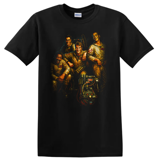 Ghostbusters team portrait with ghostbusting gear on a T shirt on a Black T Shirt