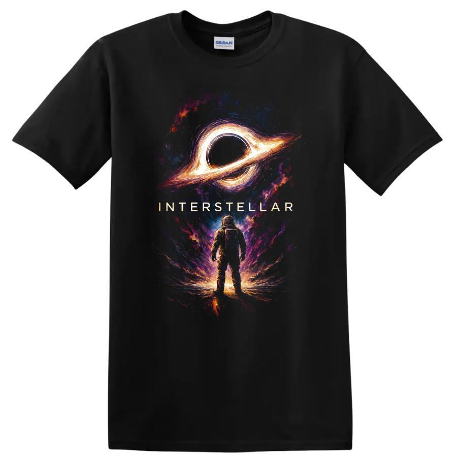 Interstellar astronaut standing beneath glowing black hole cosmic artwork T Shirt on a Black T Shirt