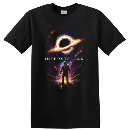 Interstellar astronaut standing beneath glowing black hole cosmic artwork T Shirt on a Black T Shirt