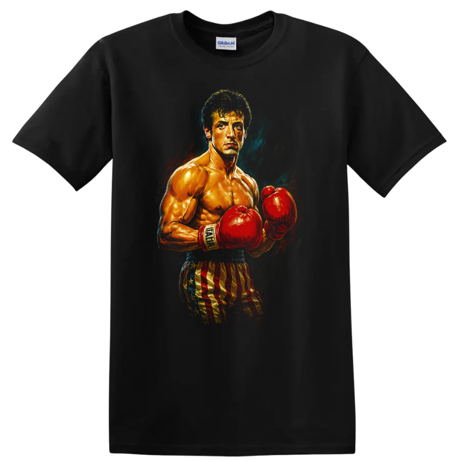 Rocky-inspired boxer portrait with red gloves and American flag shorts on a T - Black