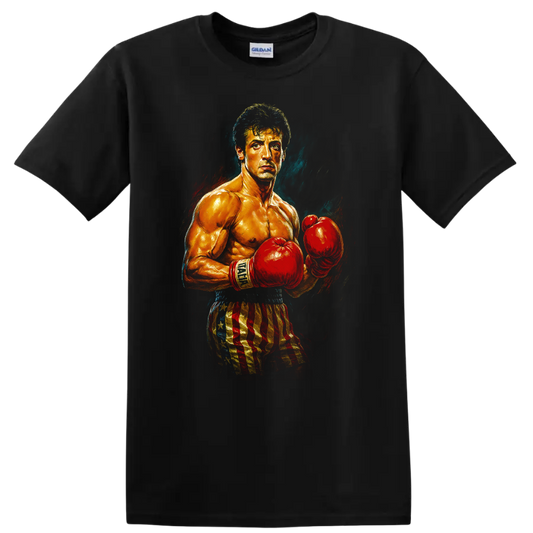 Rocky-inspired boxer portrait with red gloves and American flag shorts on a T shirt on a Black T Shirt