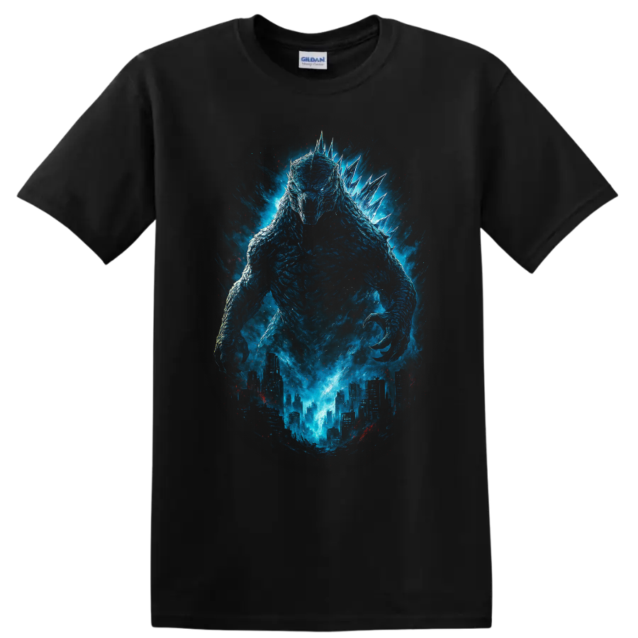 Blue Godzilla Minus One monster rising over a city with glowing energy, cinematic T-shirt design on a Black T Shirt