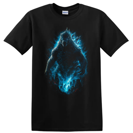 Blue Godzilla Minus One monster rising over a city with glowing energy, cinematic T-shirt design on a Black T Shirt