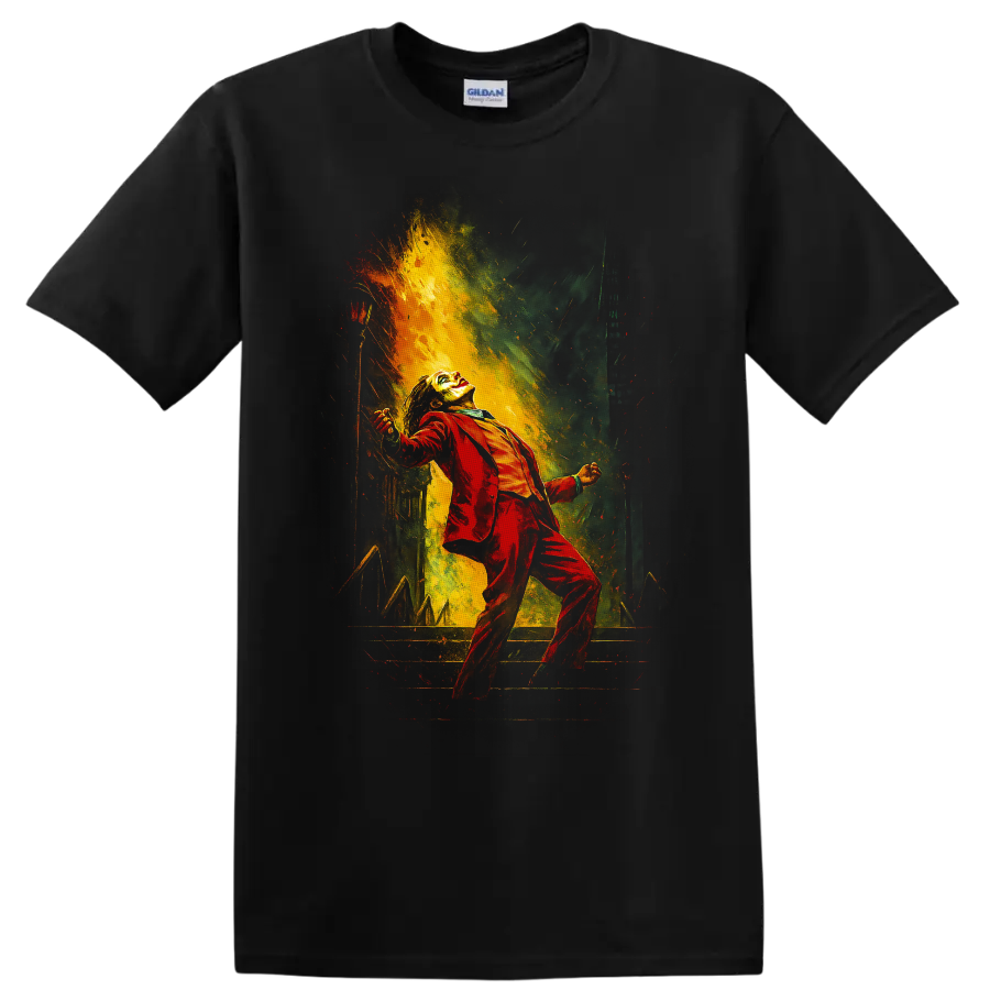 Joker in red suit with dramatic comic-style color burst graphic T shirt on a Black T Shirt
