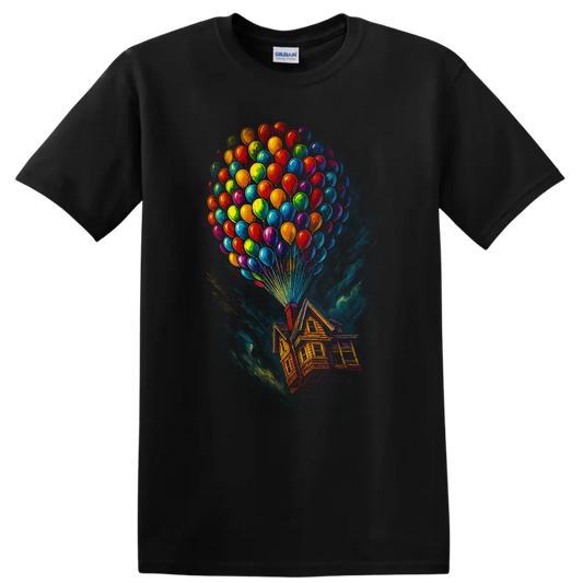 Colorful floating house and balloon movie-inspired T-shirt design on a Black T Shirt