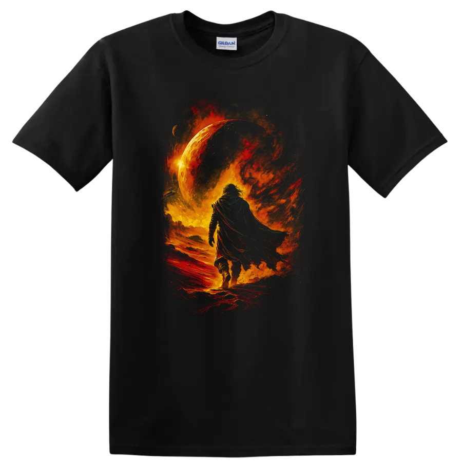 Cloaked figure walking through fiery cosmic scene with glowing planet graphic on a Black T Shirt