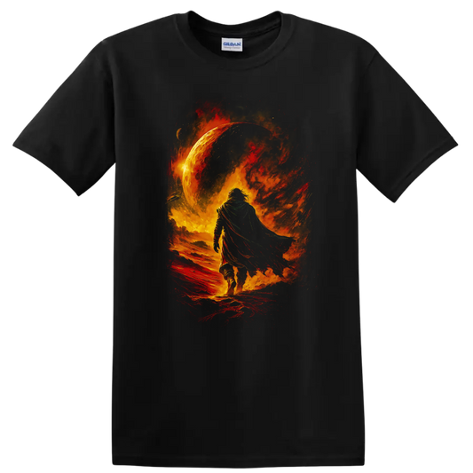 Cloaked figure walking through fiery cosmic scene with glowing planet graphic on a Black T Shirt