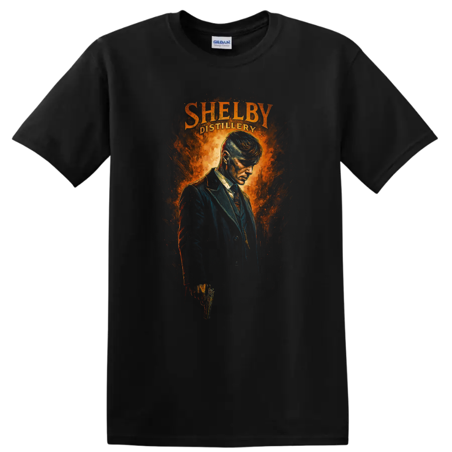 Fiery Shelby Distillery portrait artwork with man in dark suit T shirt on a Black T Shirt